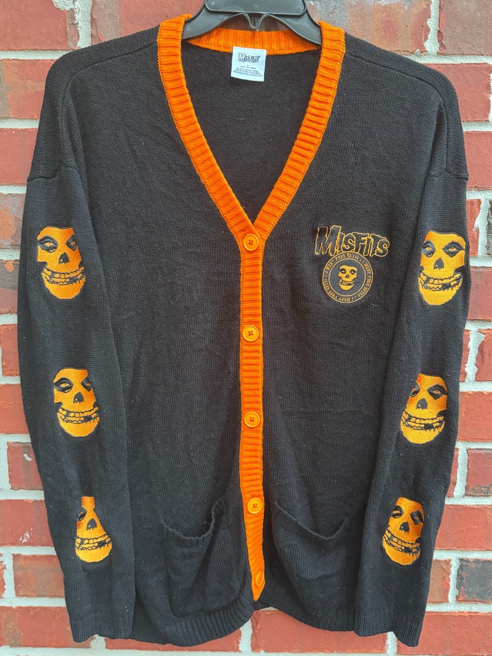 Hot Topic Misfits Fiend Skull Woman’s L Embroidered Black & Orange Cardigan P2
